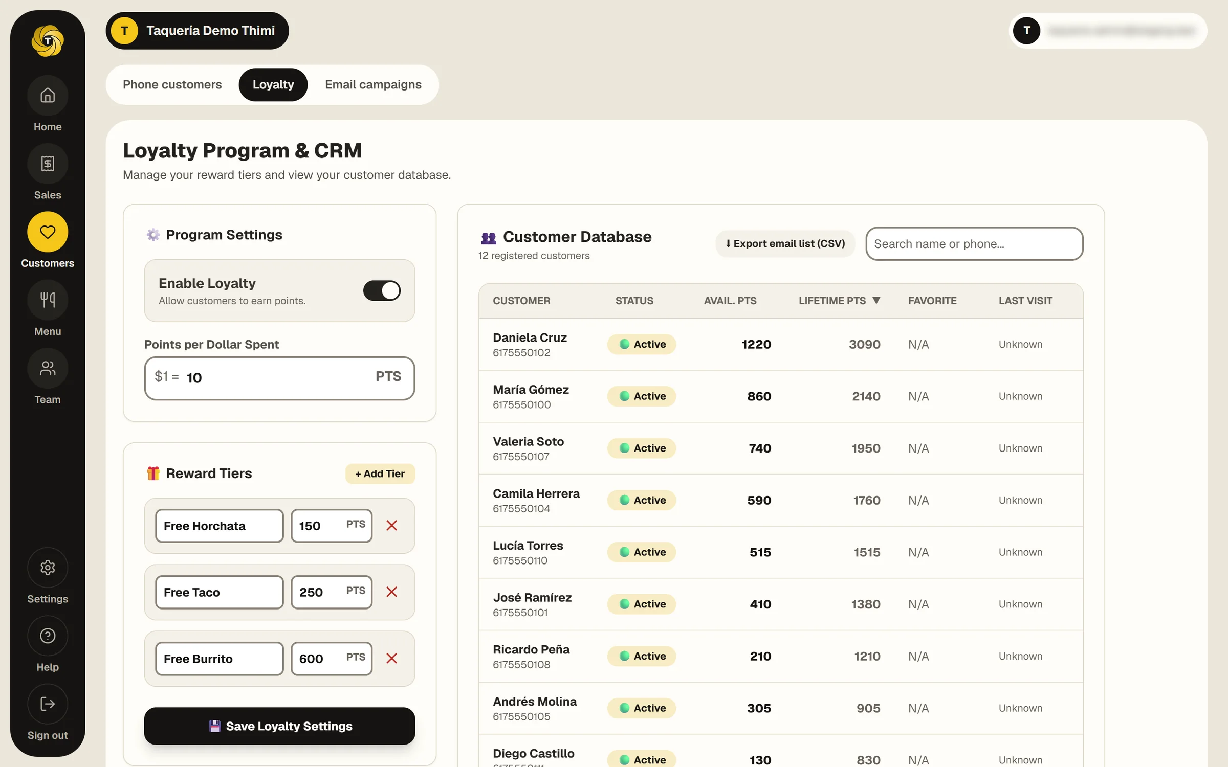 Loyalty settings and customer list in the Admin