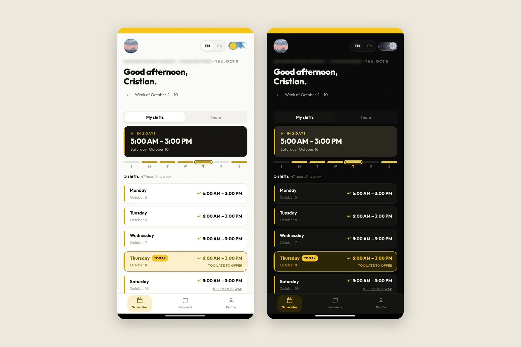 Two phone screens of a custom employee scheduling app, in light and dark mode.