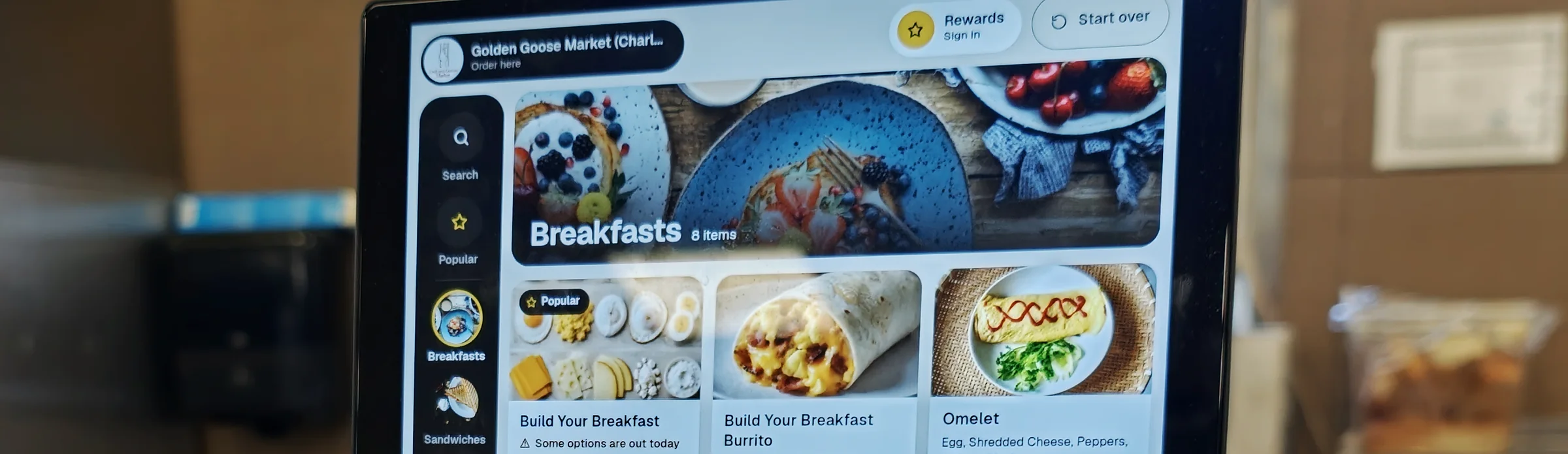 Breakfast menu on the Golden Goose kiosk