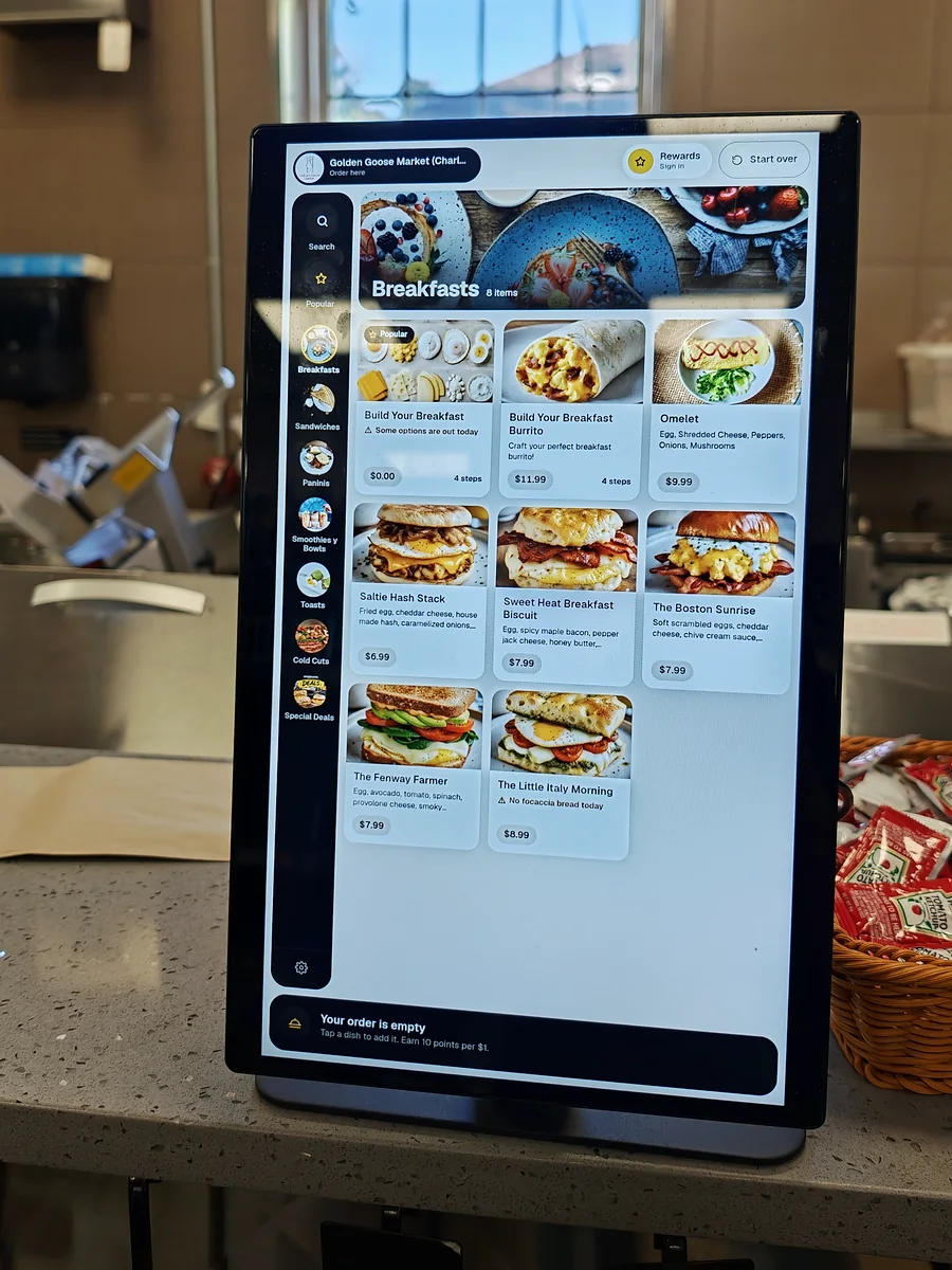Breakfast menu on the Golden Goose kiosk