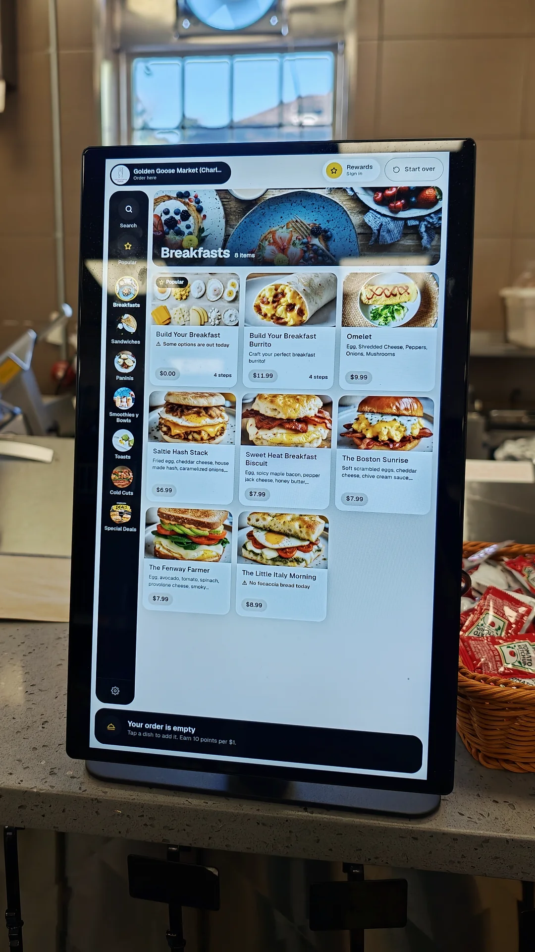 Breakfast menu on the Golden Goose kiosk