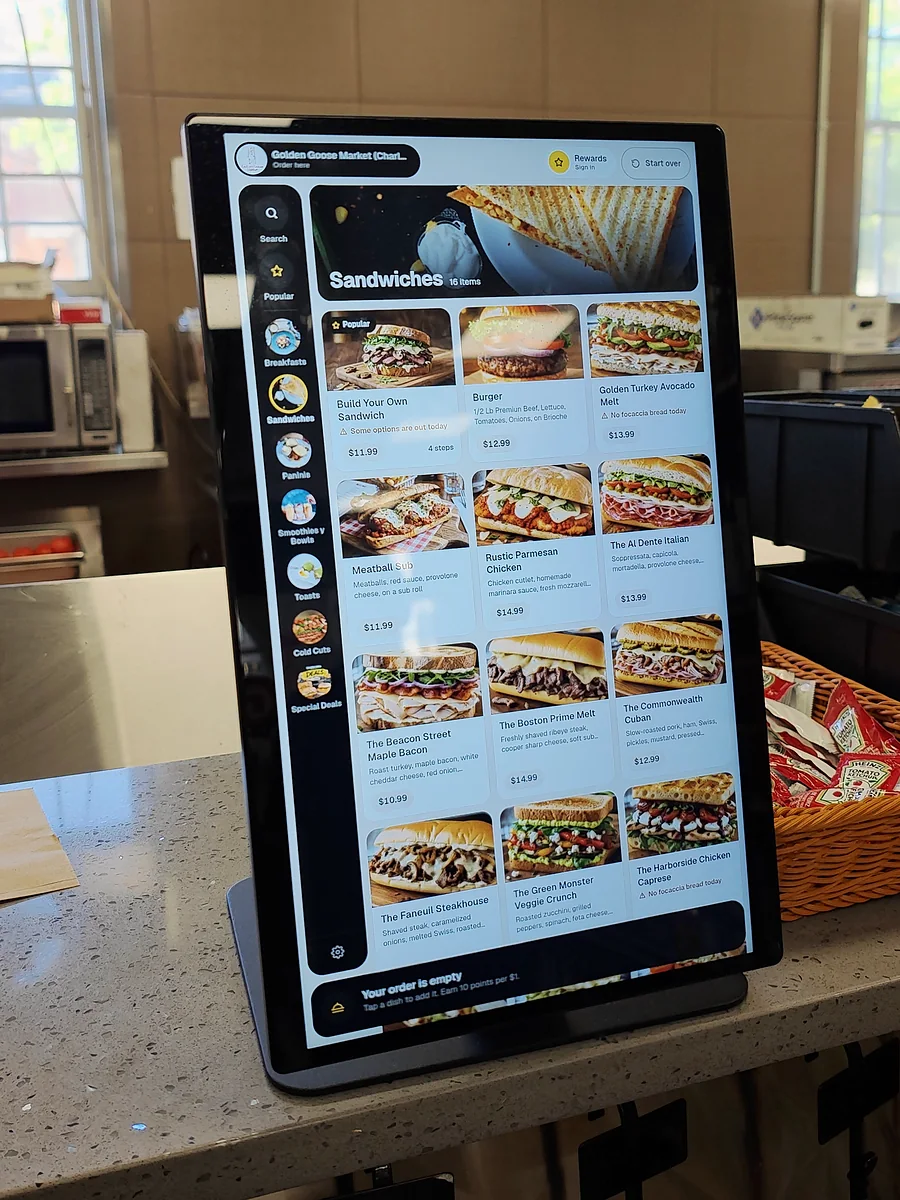 Sandwich menu on the Golden Goose kiosk
