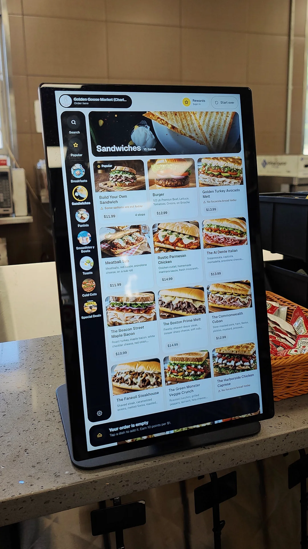 Sandwich menu on the Golden Goose kiosk