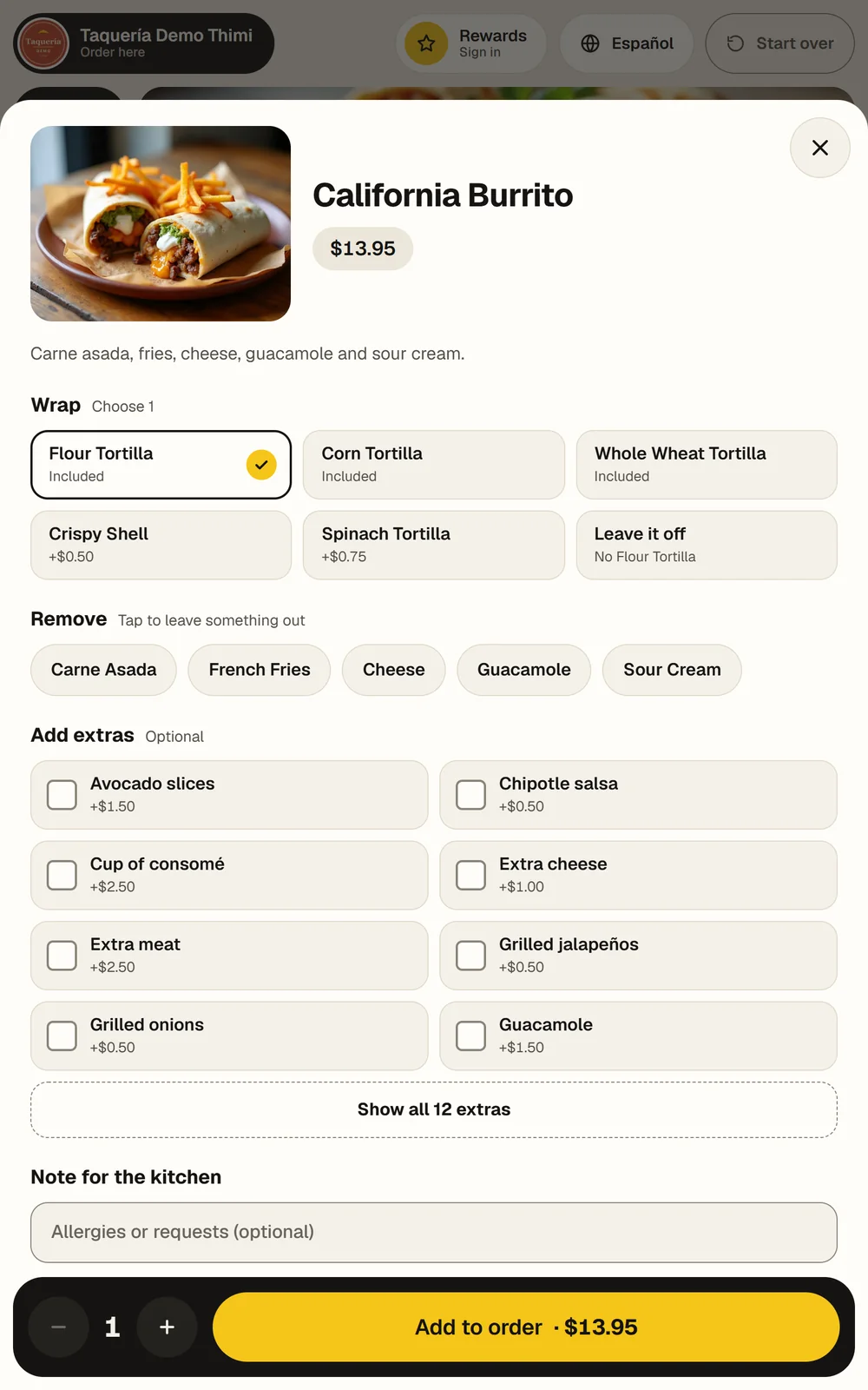 Guests swap the tortilla, remove ingredients and add extras