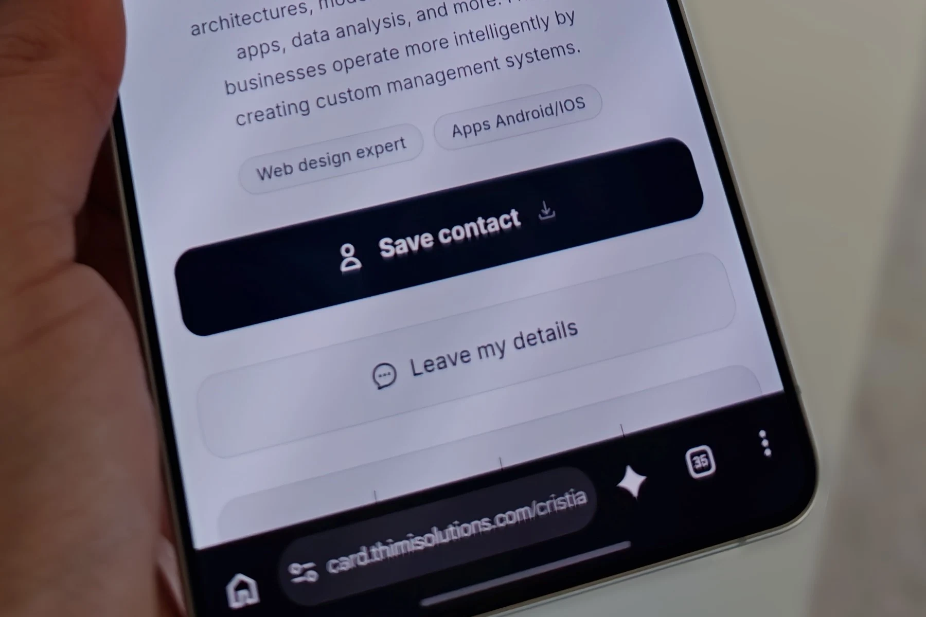 Digital business card profile on a phone with the Save contact button.