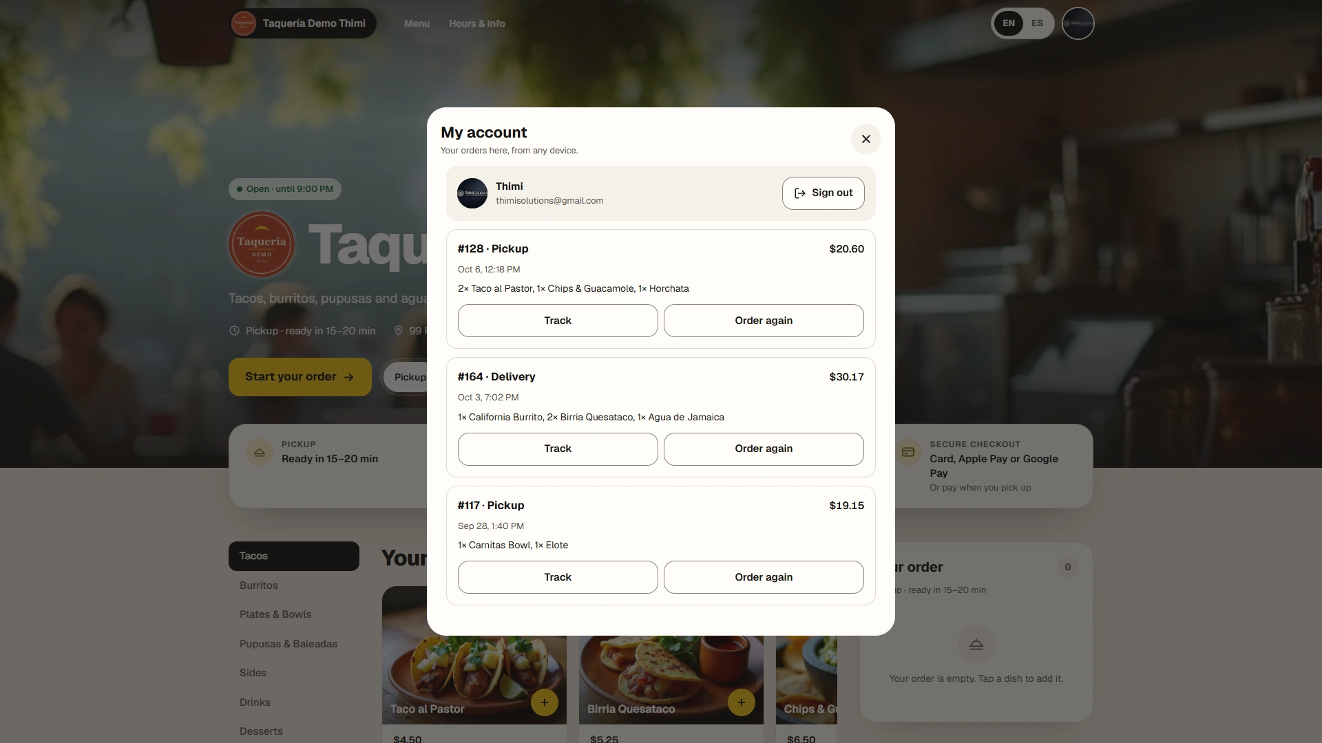 My account panel listing past orders with Track and Order again buttons.