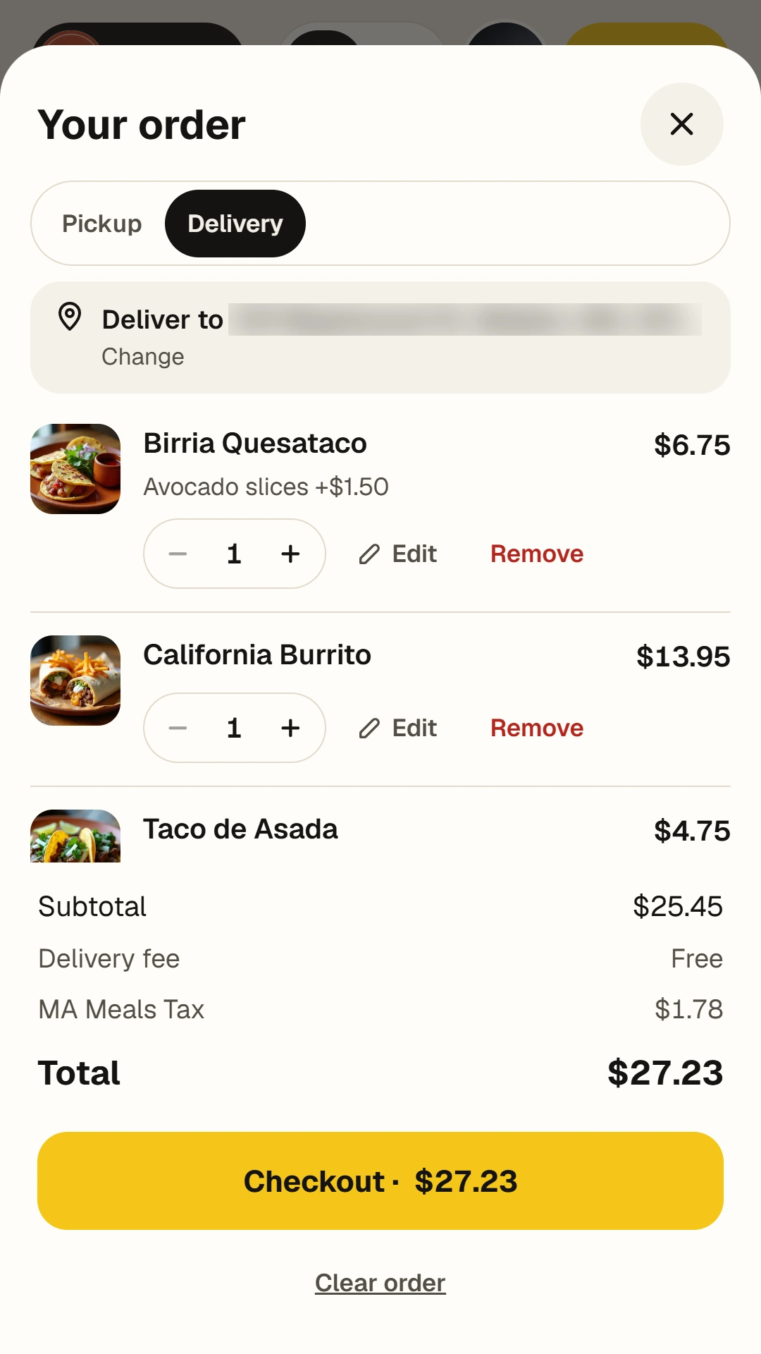 Phone order panel with delivery selected and a Checkout button showing the total.