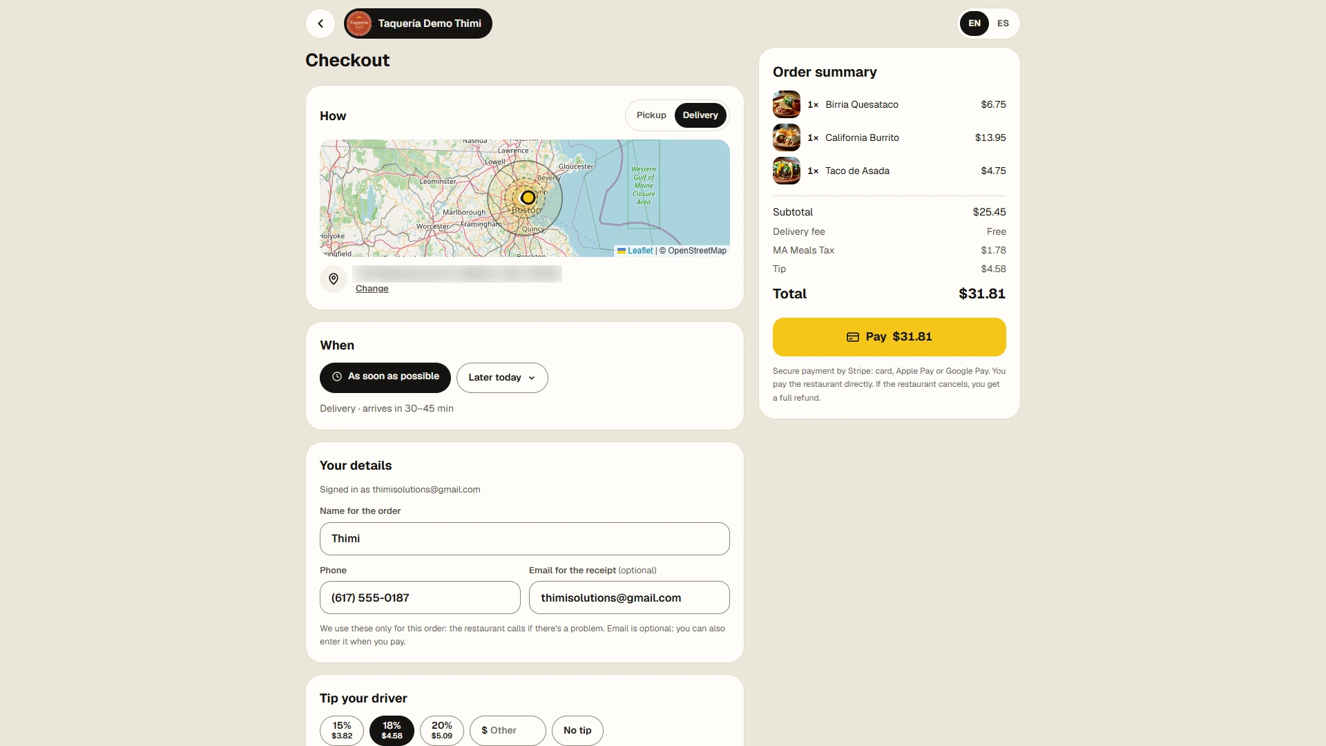 Checkout page with delivery details, tip choices and order summary.