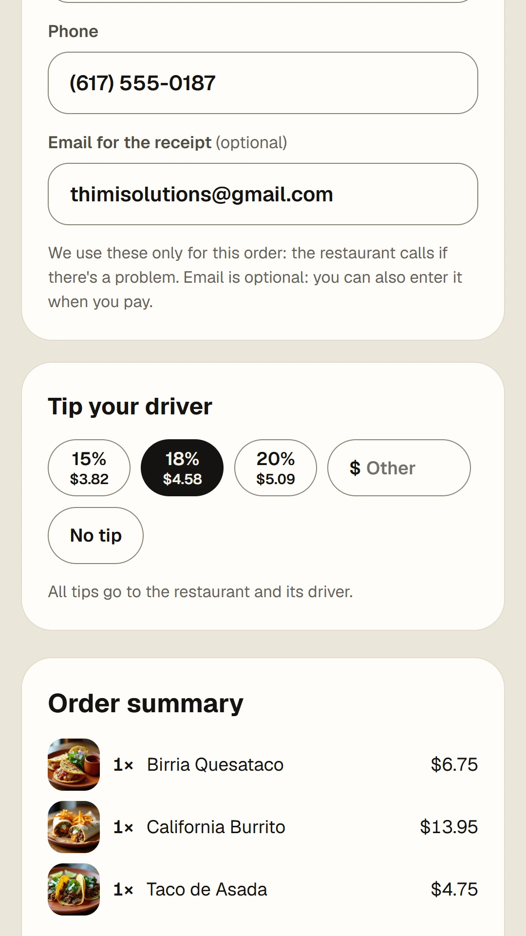 Phone checkout with tip options and order summary.