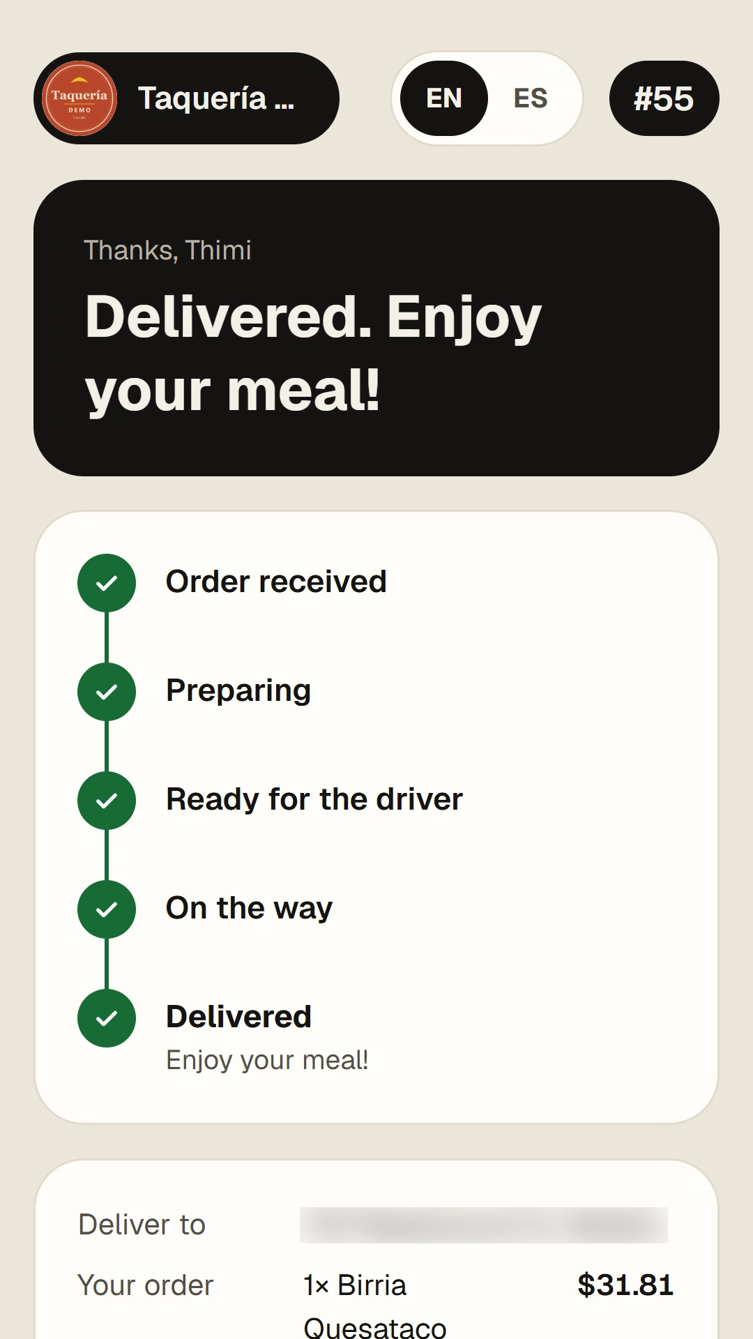 Phone order status “Delivered. Enjoy your meal!” with all steps complete.