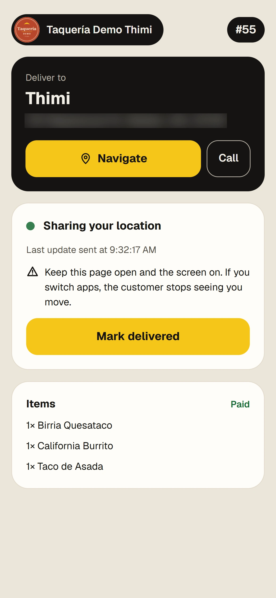 Driver phone screen sharing location with a Mark delivered button.