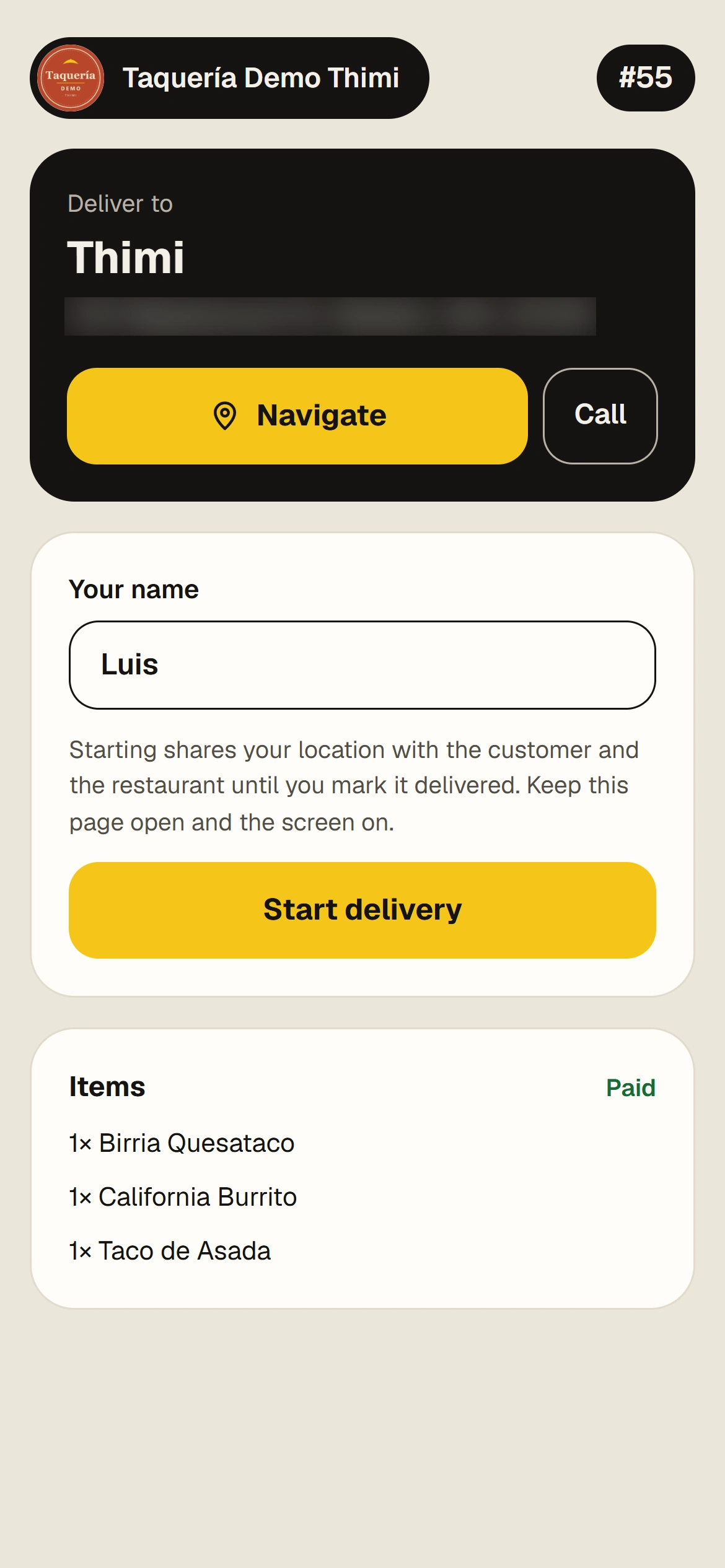 Driver phone screen with Navigate and Call buttons and a Start delivery button.