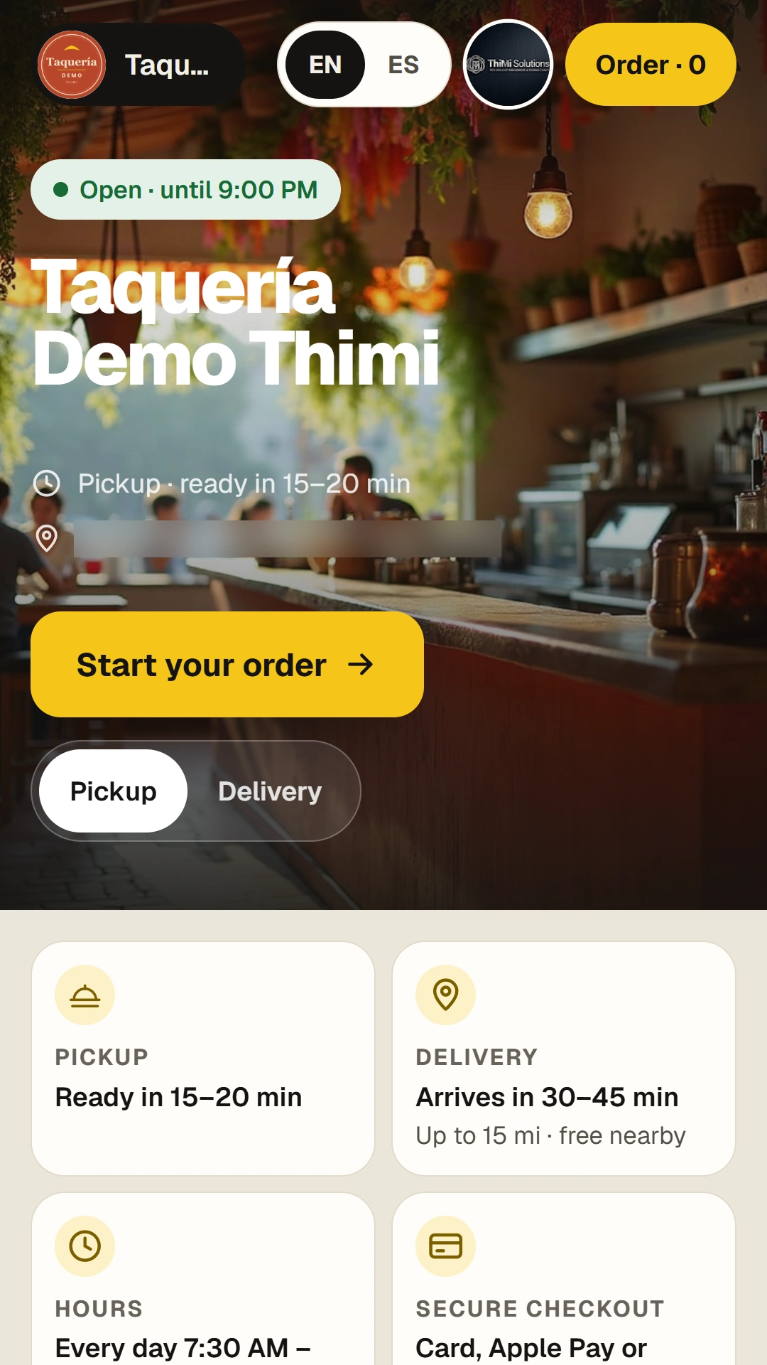 The online ordering site of a demo taqueria on a phone, with pickup and delivery.