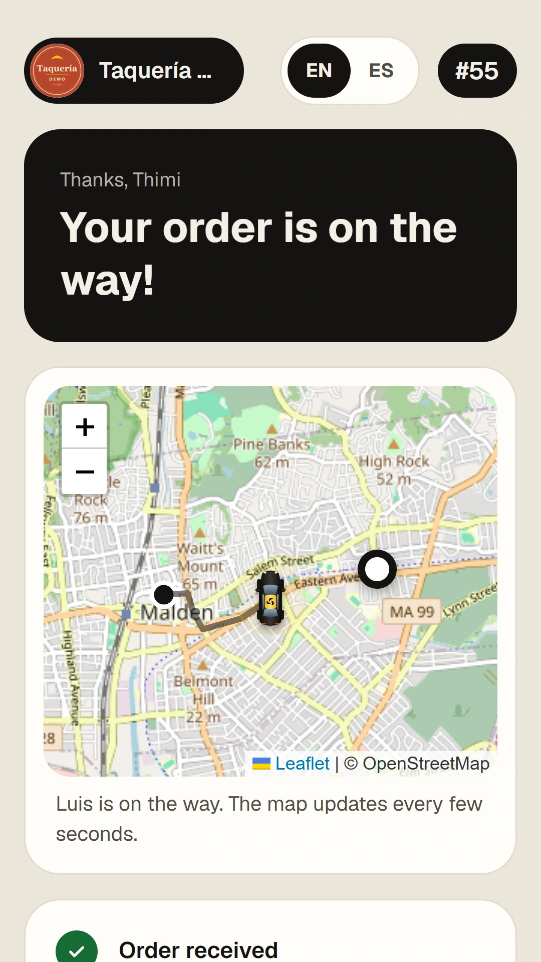 Phone order status “Your order is on the way” with the live map.