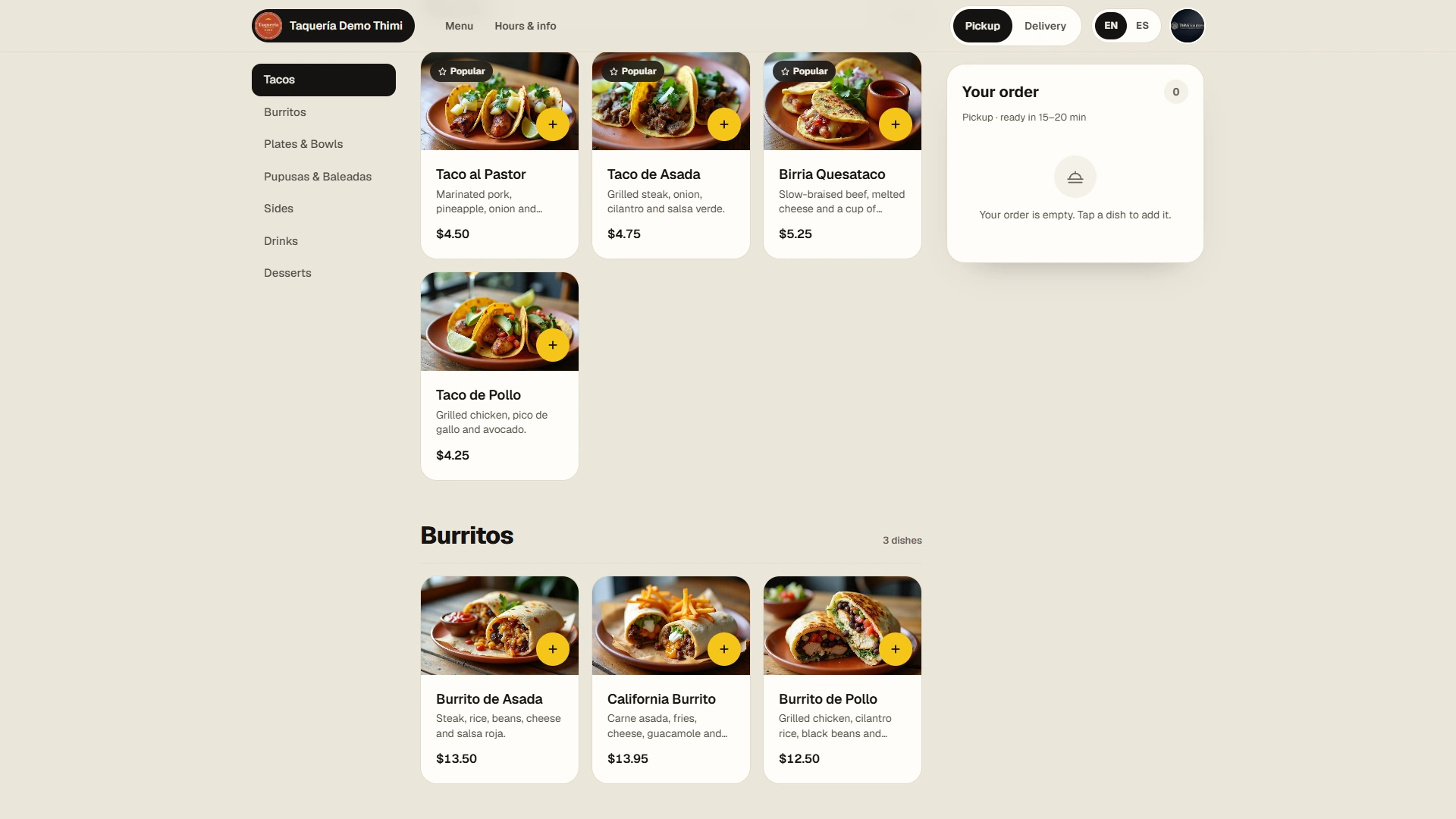The online ordering site of the demo restaurant on a computer: the menu with dish photos, prices and the order panel