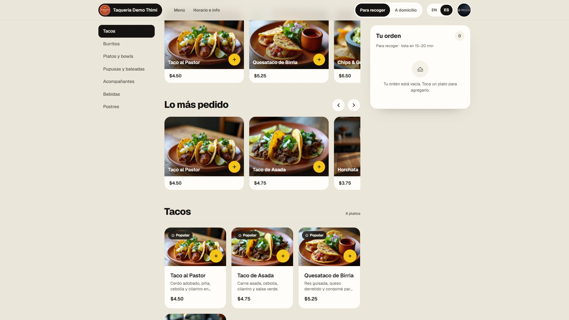 The same ordering menu switched to Spanish on desktop (“Lo más pedido”, “Tu orden”).