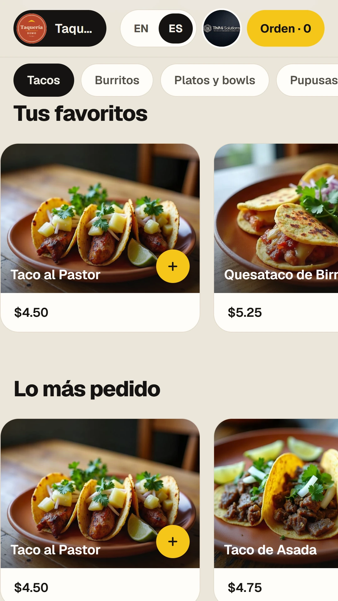 Phone view of the ordering menu in Spanish with “Tus favoritos” and “Lo más pedido”.