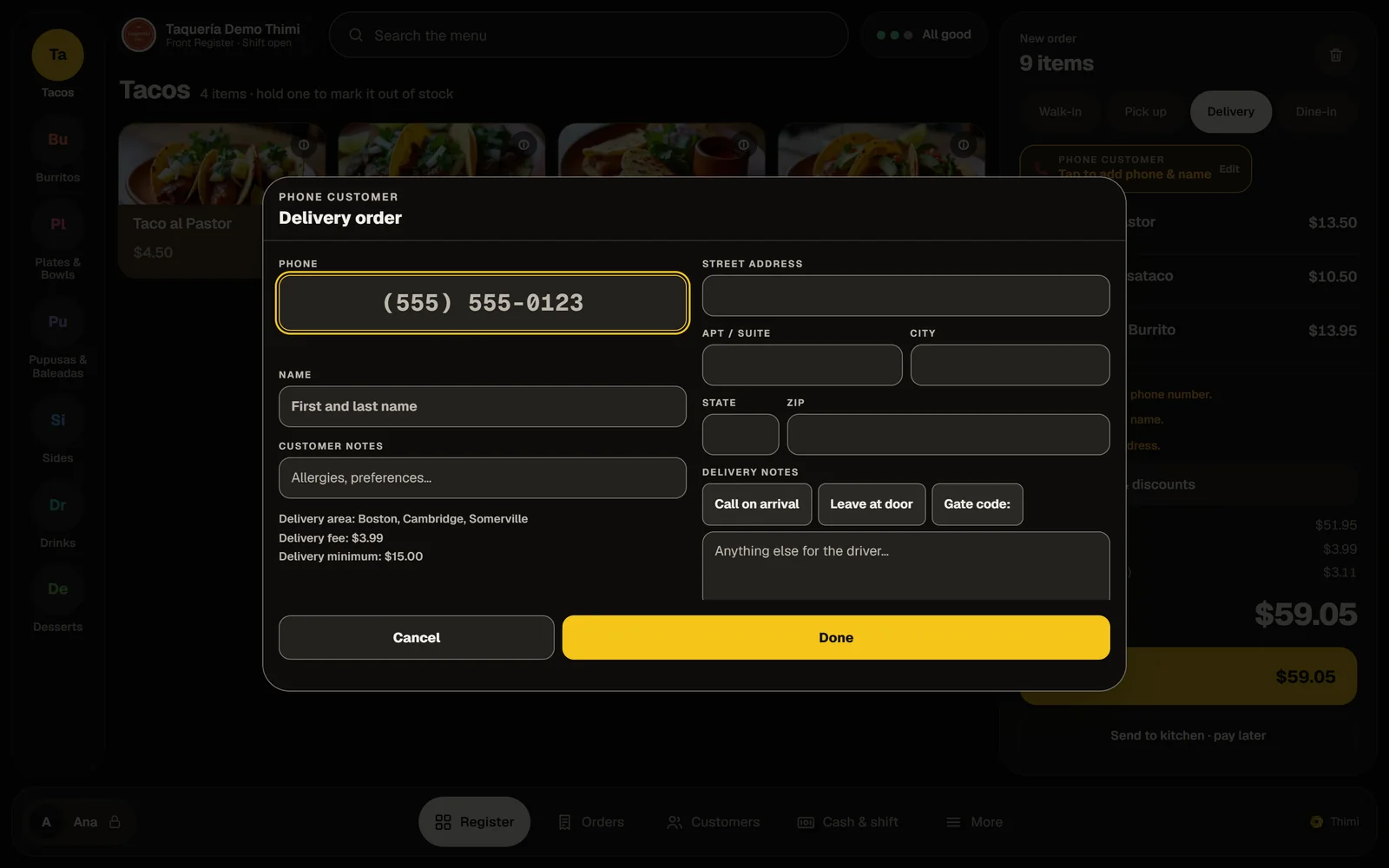 Phone order with delivery area, fee and minimum