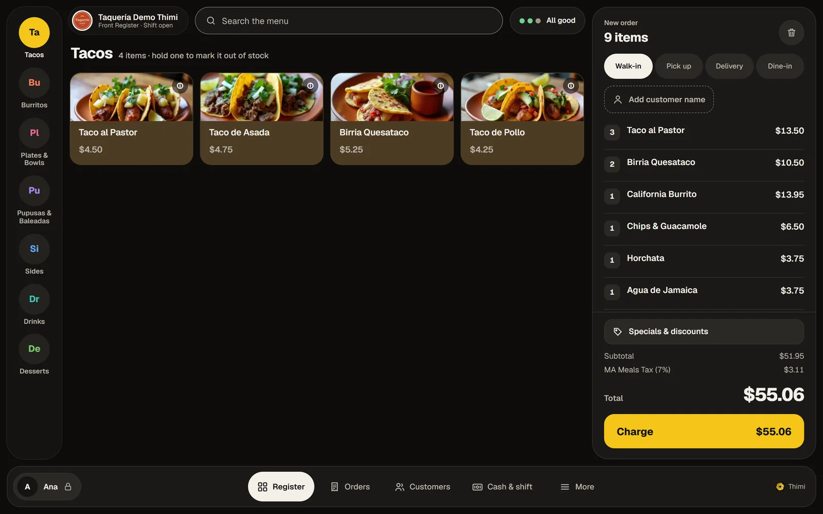 The Thimi POS register with the menu and the open ticket